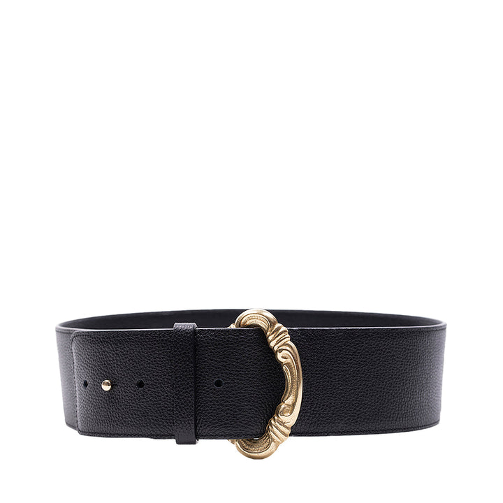 Elegant black leather belt with gold ornamental buckle
