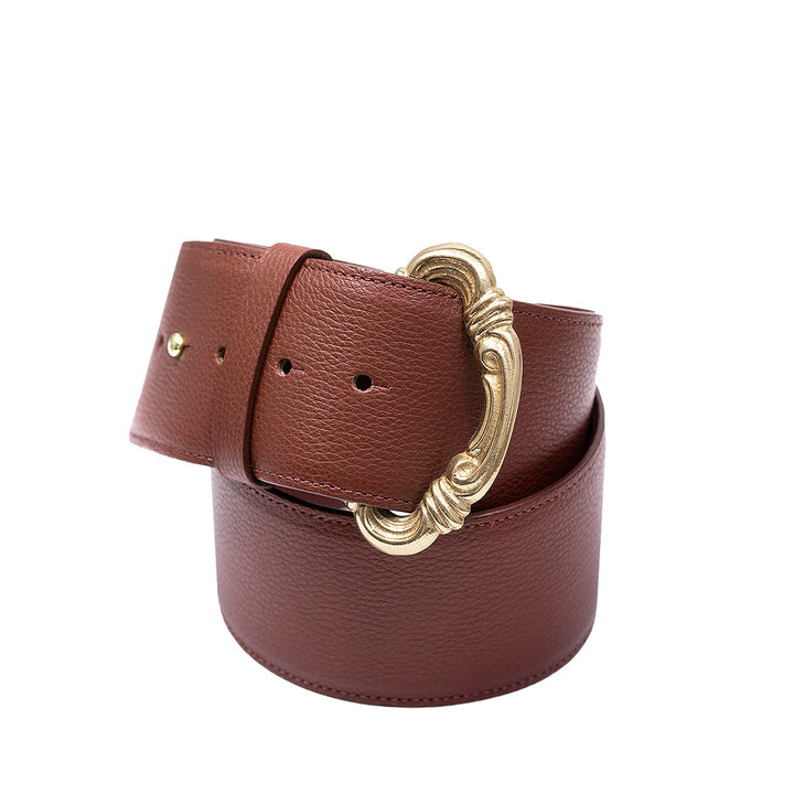 Brown leather belt with ornate gold buckle