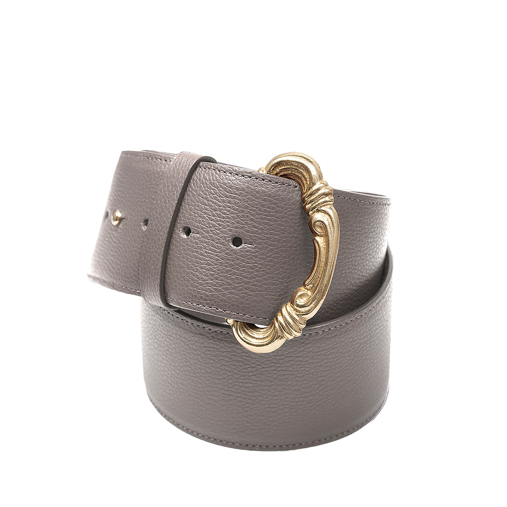 Gray leather belt with ornate gold buckle