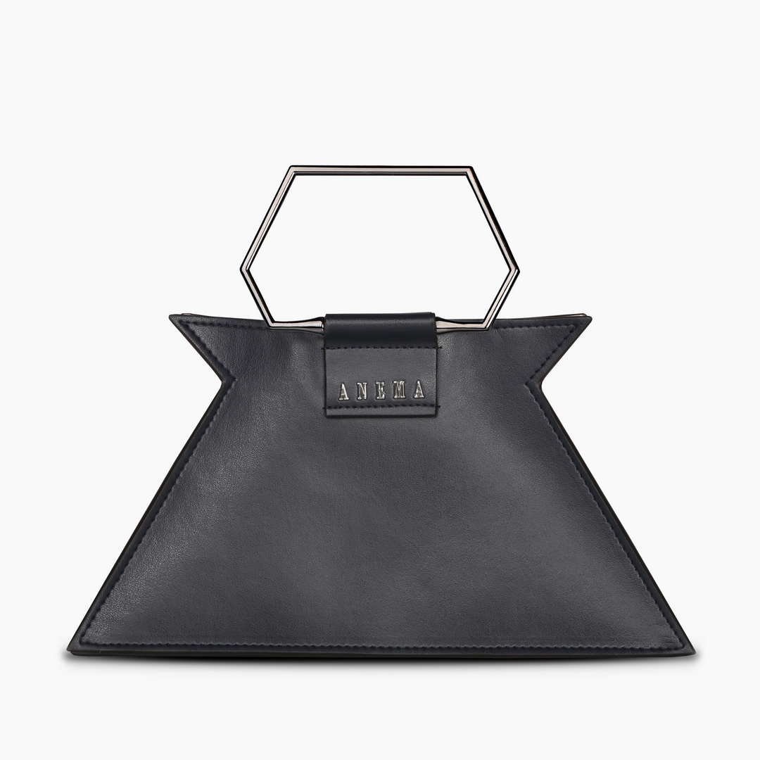 Geometric black leather handbag with hexagonal handle