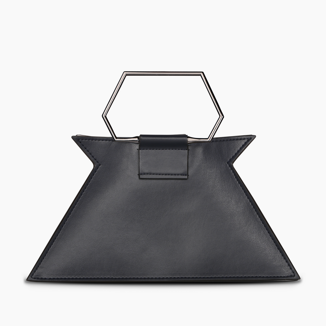 Geometric black leather handbag with hexagonal metal handle