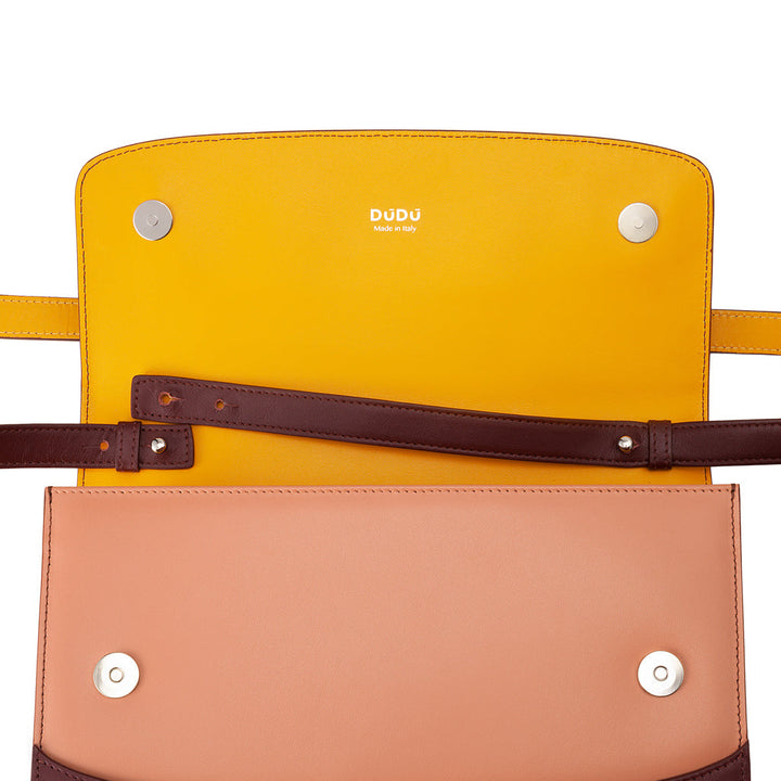 Colorful Italian leather crossbody bag with open flap showing magnetic closures and brand name