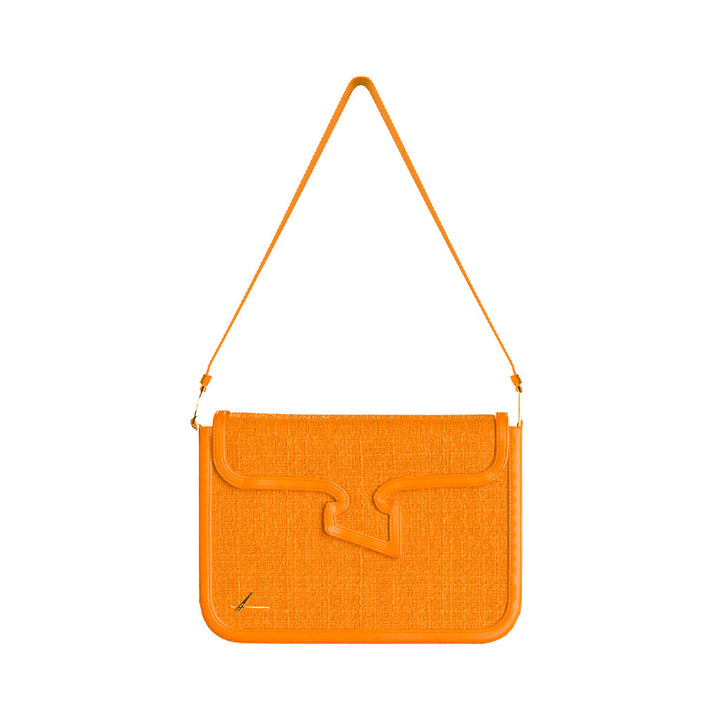Orange handbag with unique design and shoulder strap