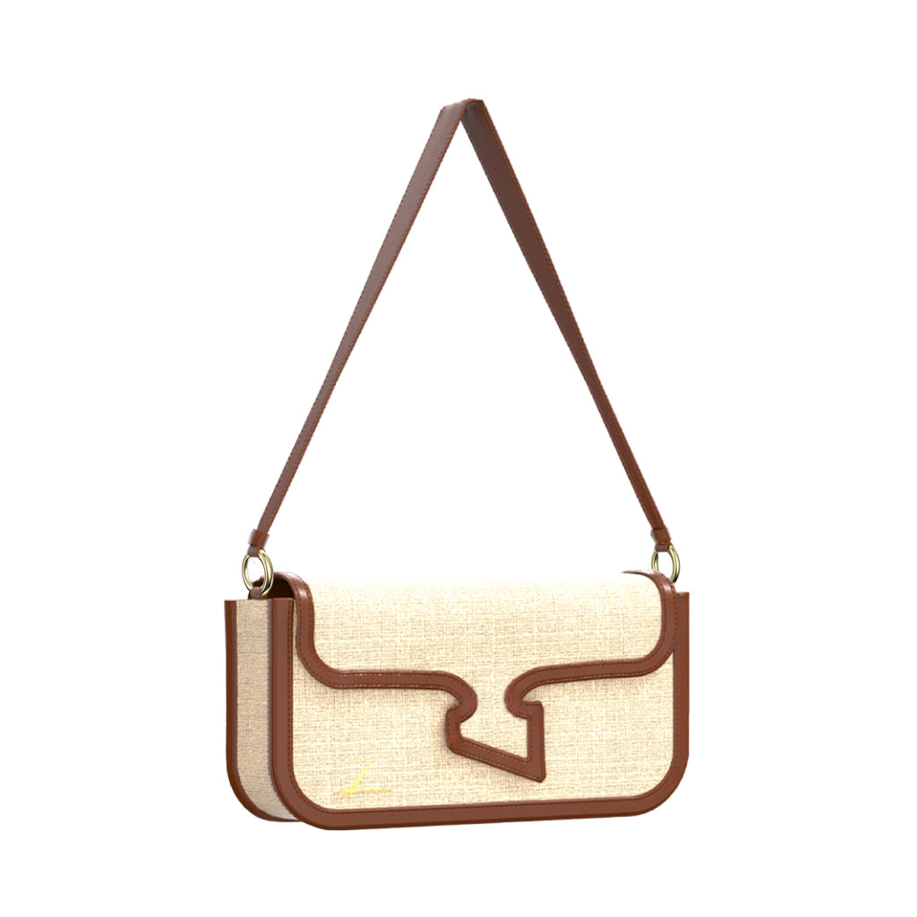 Beige and brown leather handbag with shoulder strap