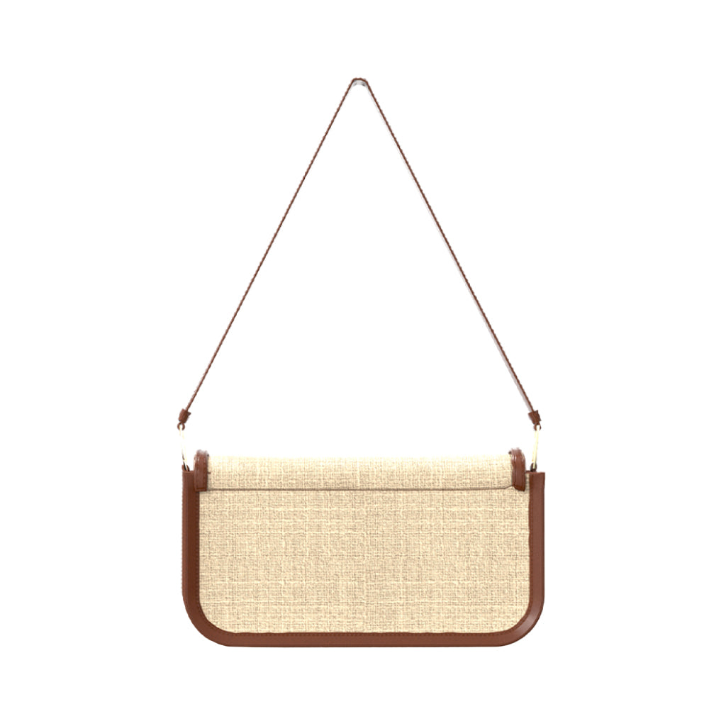 Beige and brown linen shoulder bag with leather trim and long strap