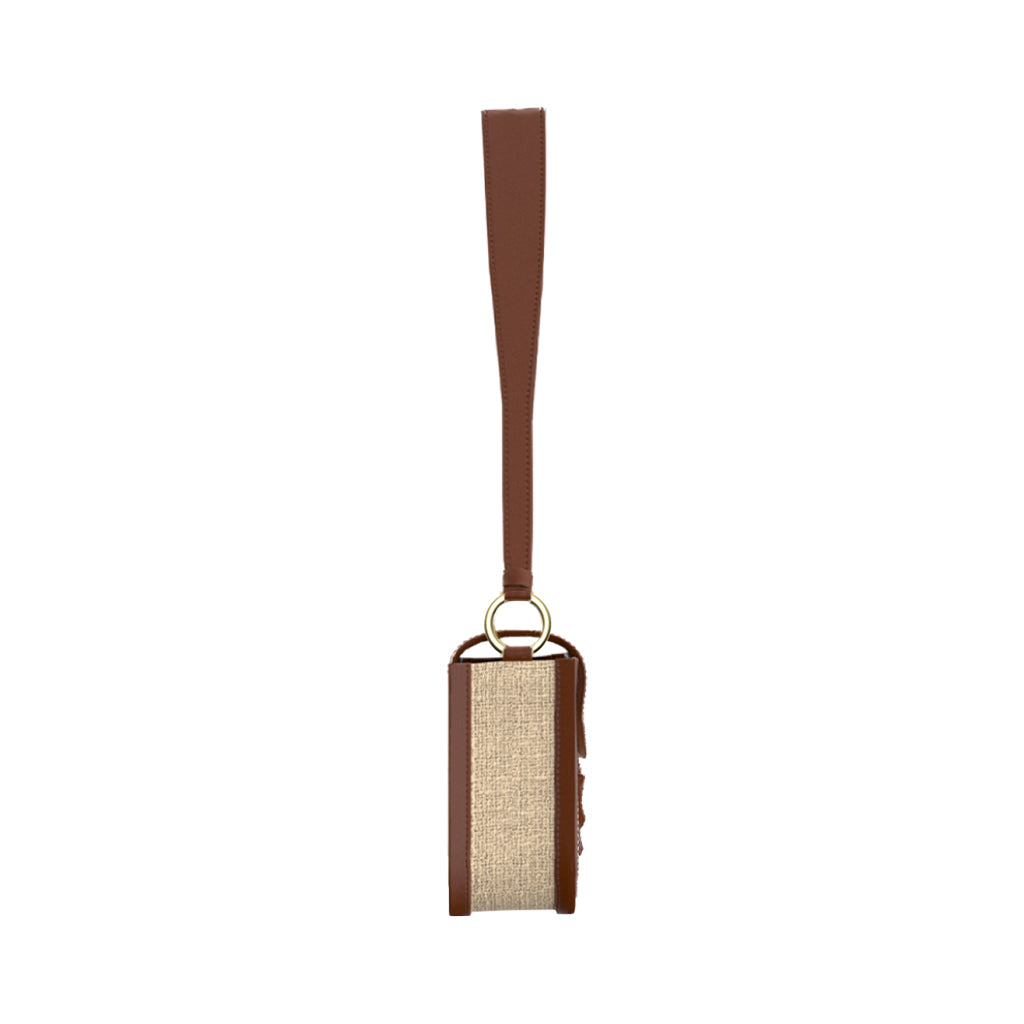 Minimalist brown leather and beige canvas wristlet keychain with gold ring attachment