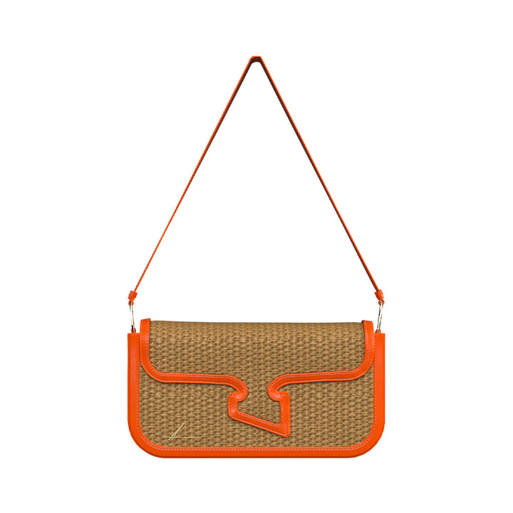 Woven beige handbag with orange leather trim and shoulder strap