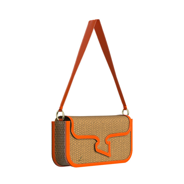 Woven handbag with orange accents and shoulder strap