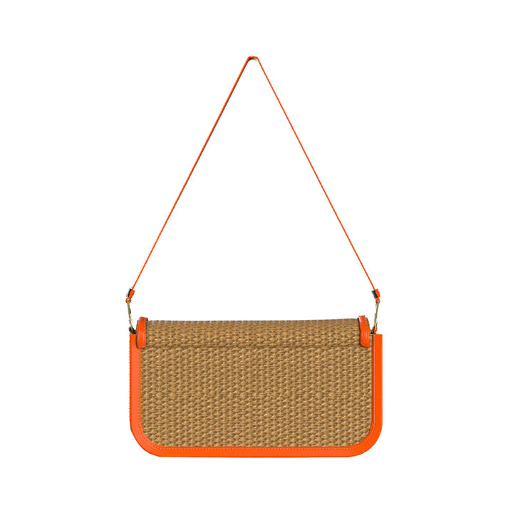 Woven straw handbag with orange leather trim and shoulder strap