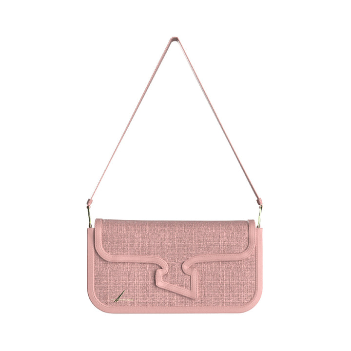 Pink textured shoulder bag with abstract detailing and thin strap