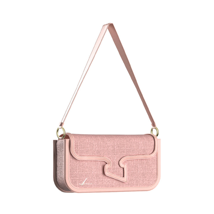 Pink leather handbag with shoulder strap and gold-tone hardware