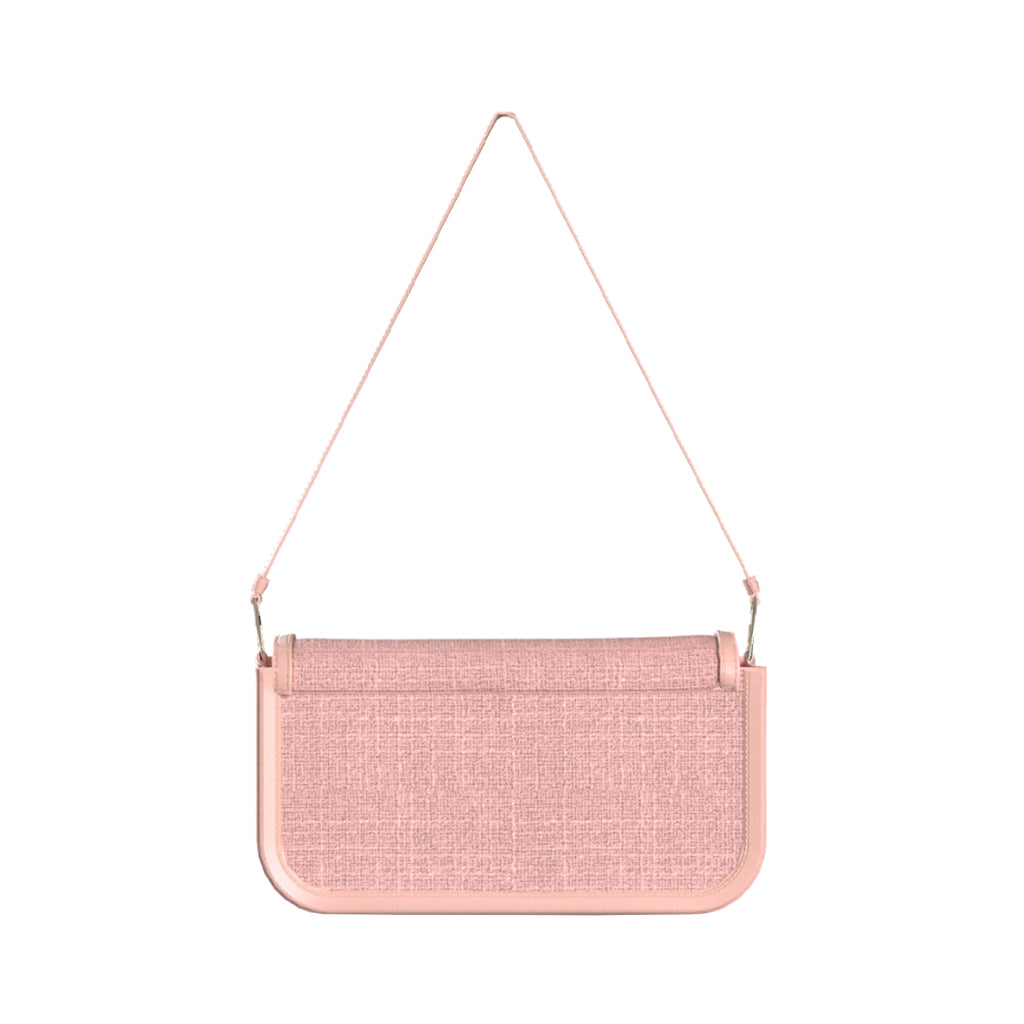 Pink textured shoulder bag with rectangular shape and long strap