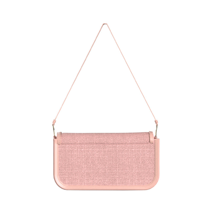 Pink textured shoulder bag with rectangular shape and long strap