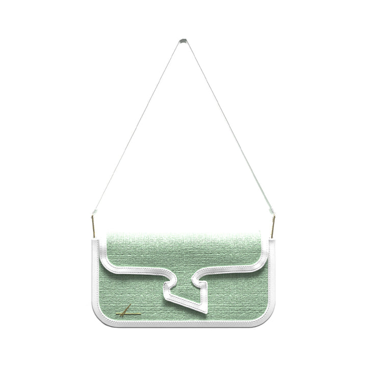 Green and white textured handbag with shoulder strap and geometric clasp design