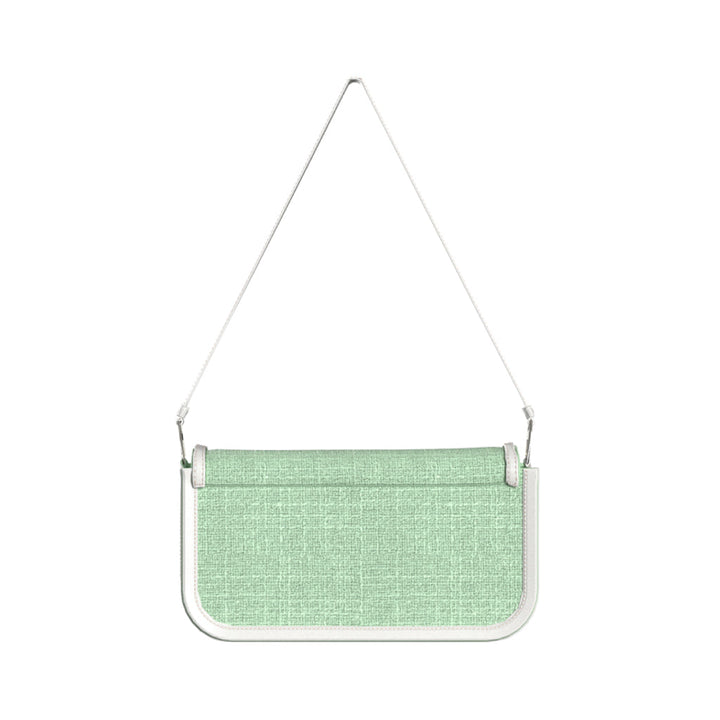 Mint green textured shoulder bag with white leather trim and strap