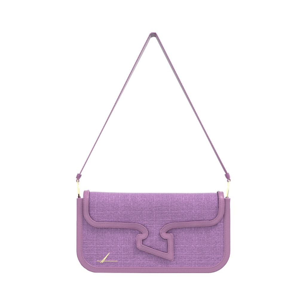 Purple designer handbag with unique wave-patterned front flap and adjustable shoulder strap