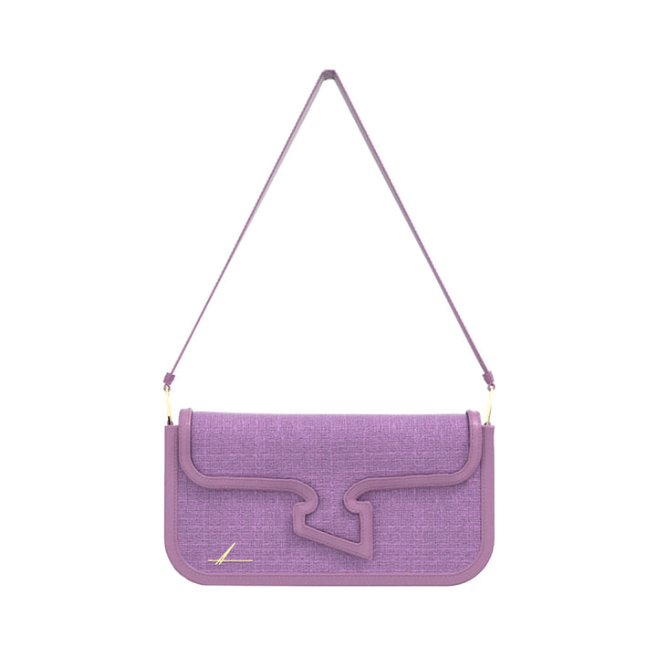 Purple designer handbag with unique wave-patterned front flap and adjustable shoulder strap