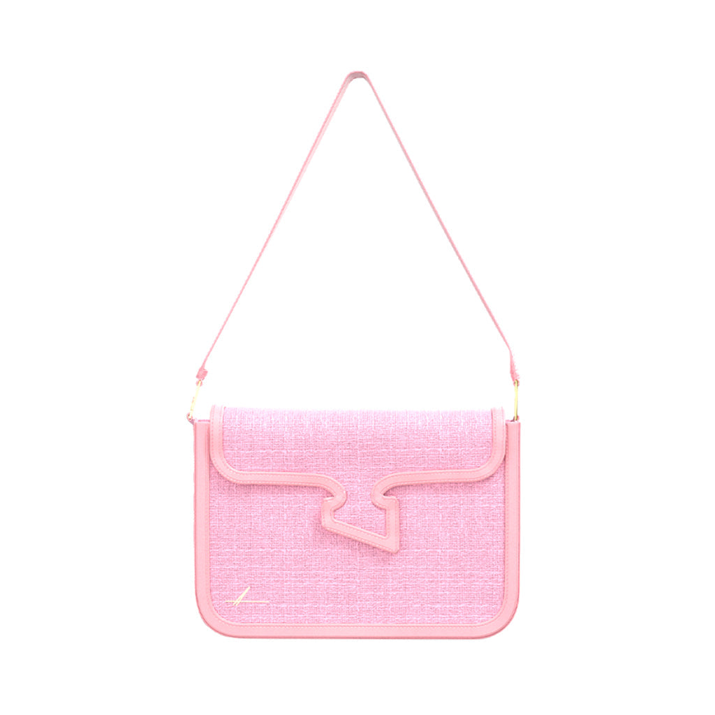 Pink shoulder bag with unique abstract flap design and thin strap