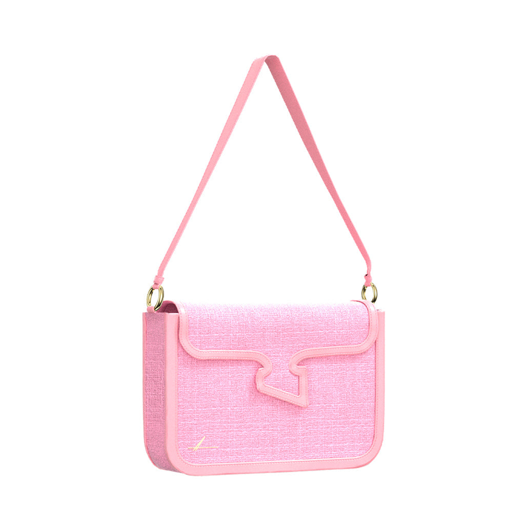 Pink crossbody handbag with gold hardware and stylish flap design