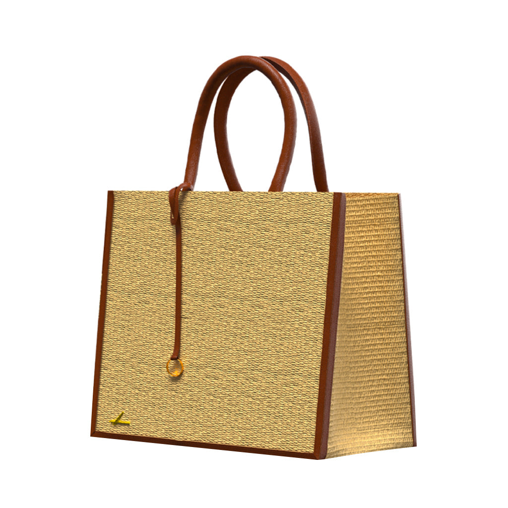 Stylish woven handbag with brown leather handles and accents