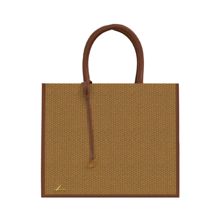 Stylish brown woven tote bag with leather handles