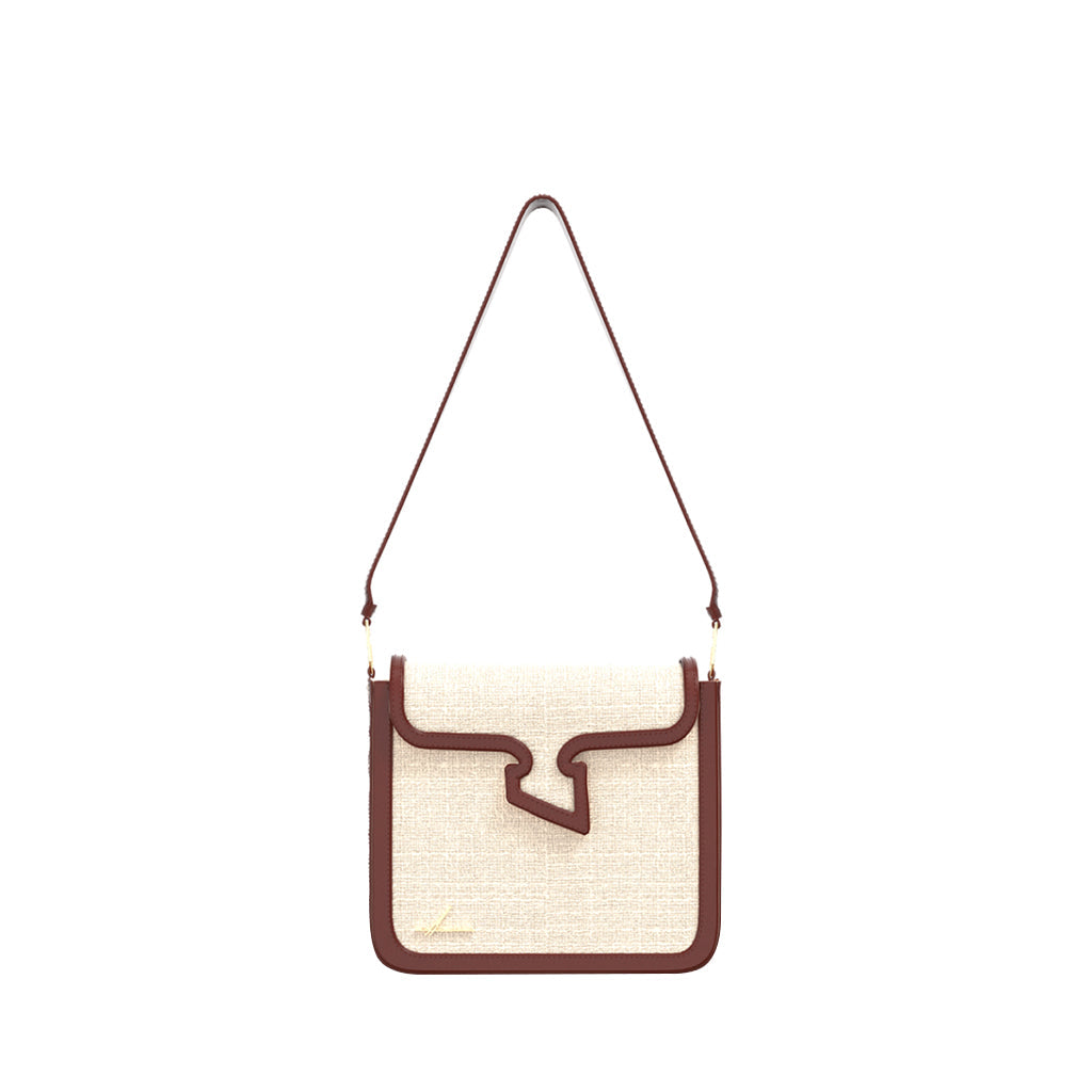 Elegant beige and brown shoulder bag with unique flap design