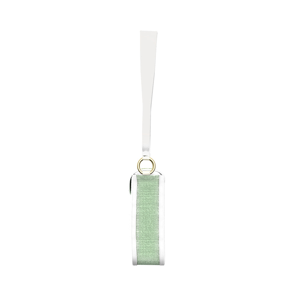 White and green fabric wrist strap with a gold ring attachment