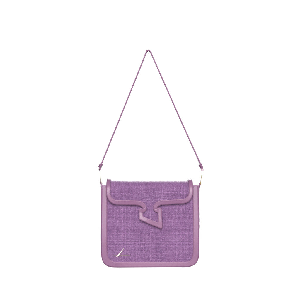 Purple designer shoulder bag with geometric flap