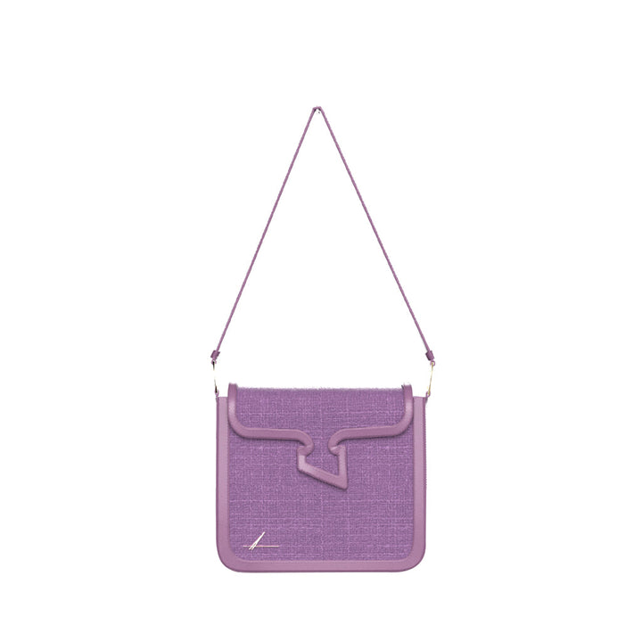 Purple designer shoulder bag with geometric flap