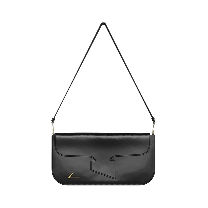 Black leather handbag with gold accents on thin shoulder strap