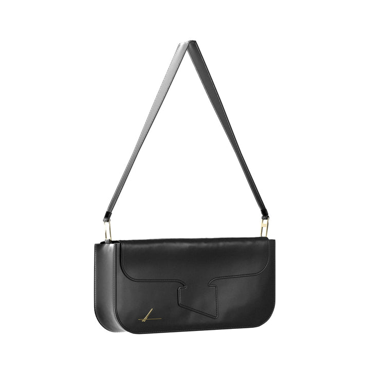 Black leather shoulder bag with gold accents and minimalist design