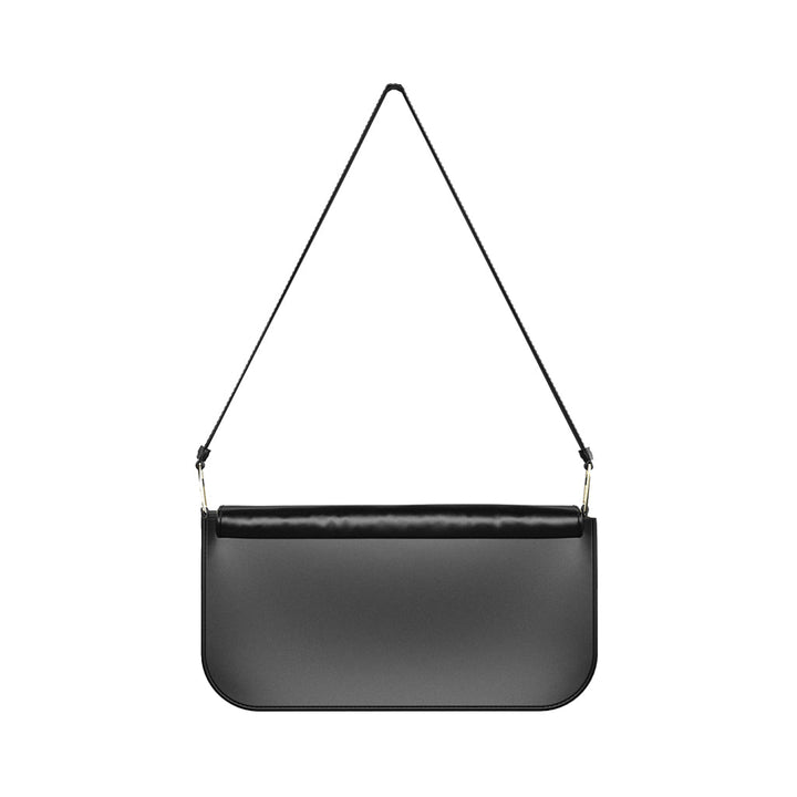 sleek black leather shoulder bag with single strap and minimalist design