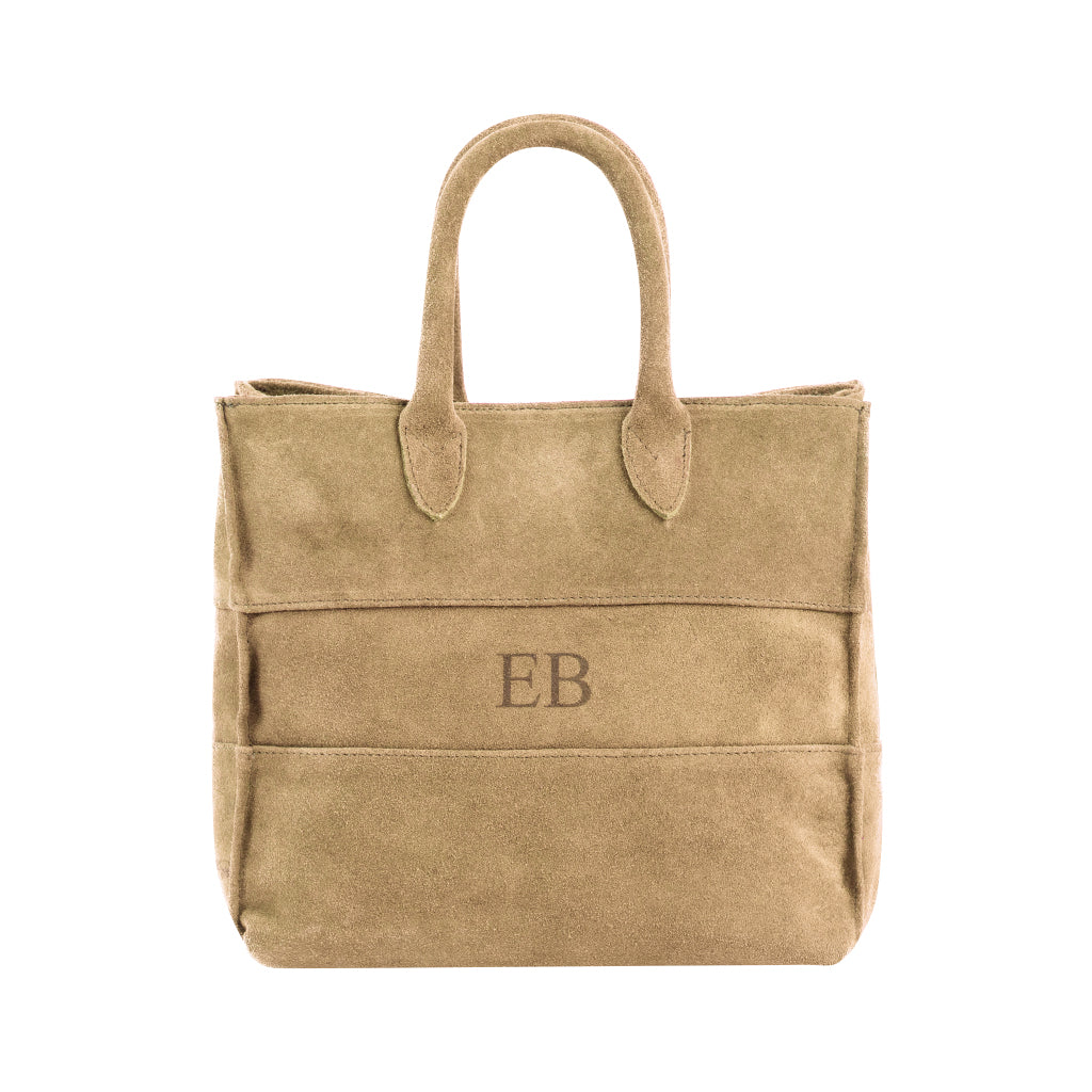 Tan suede tote bag with EB monogram