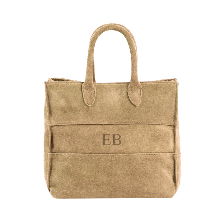 Tan suede tote bag with EB monogram