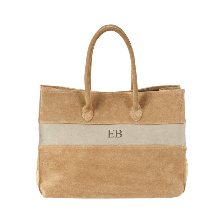 Tan suede tote bag with initials EB on beige stripe