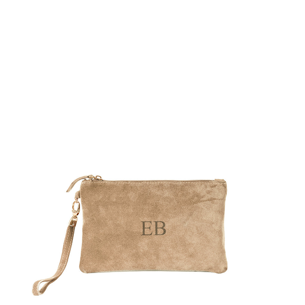 Tan suede clutch bag with wristlet and EB monogram