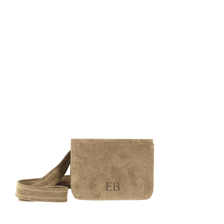 Suede crossbody bag with initials EB embroidered on the front