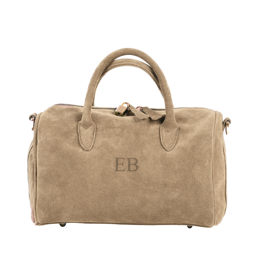 Beige suede handbag with initials EB and top handles