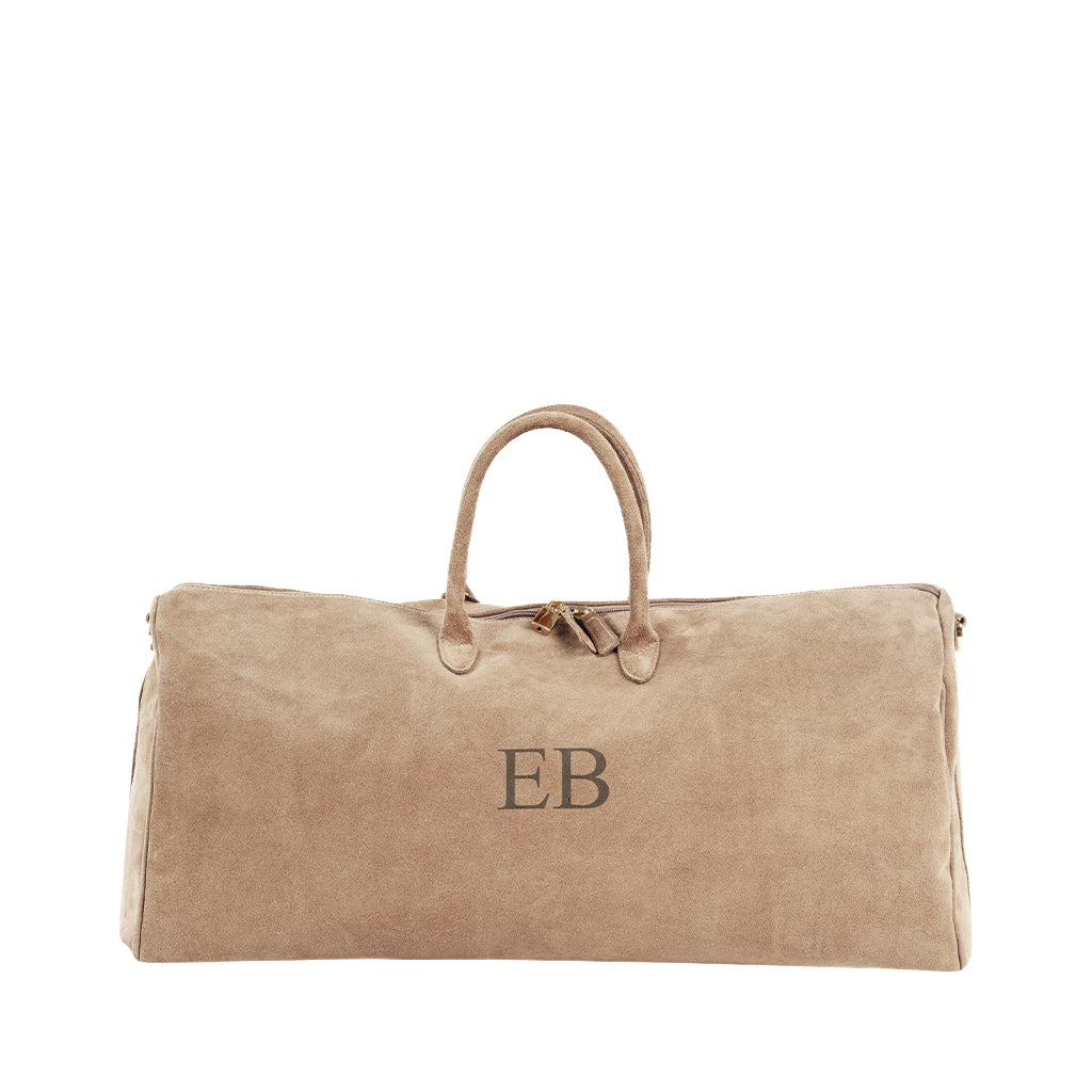 Beige suede duffel bag with initials EB