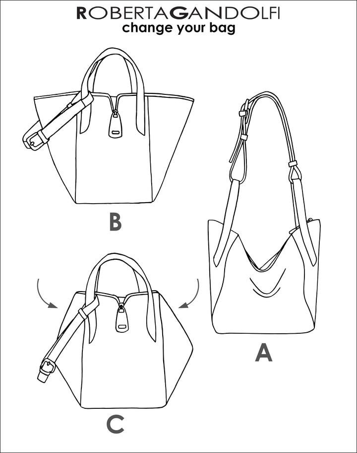 Diagram showing 3 styles of Robertagandolfi handbags with adjustable straps and secure closures