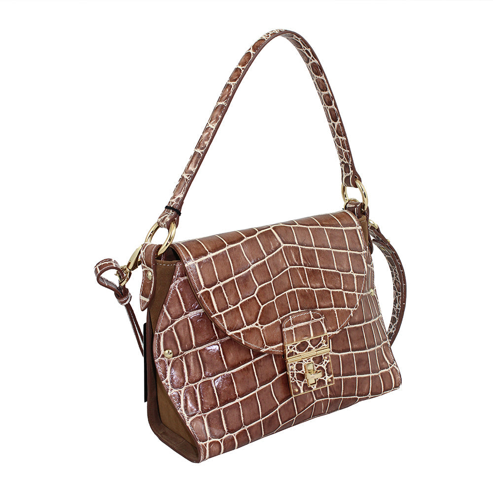 Elegant brown crocodile-patterned leather handbag with gold clasp and adjustable strap