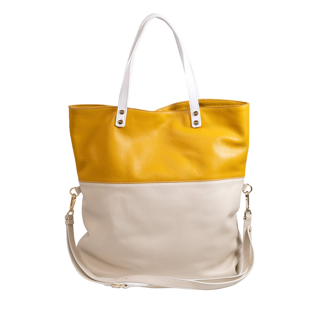 Yellow and white leather tote bag with shoulder strap