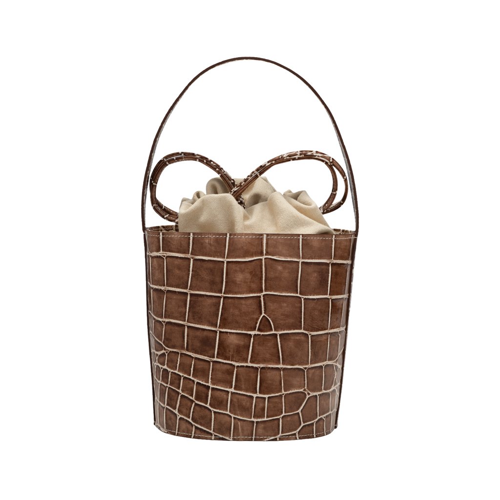 Brown crocodile-patterned bucket bag with fabric lining and handle