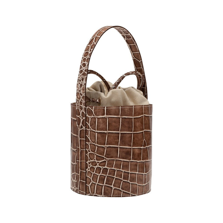 Brown crocodile-patterned leather bucket bag with beige interior drawstring closure