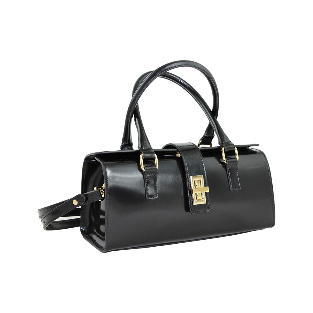 Sleek black leather handbag with gold buckle and shoulder strap