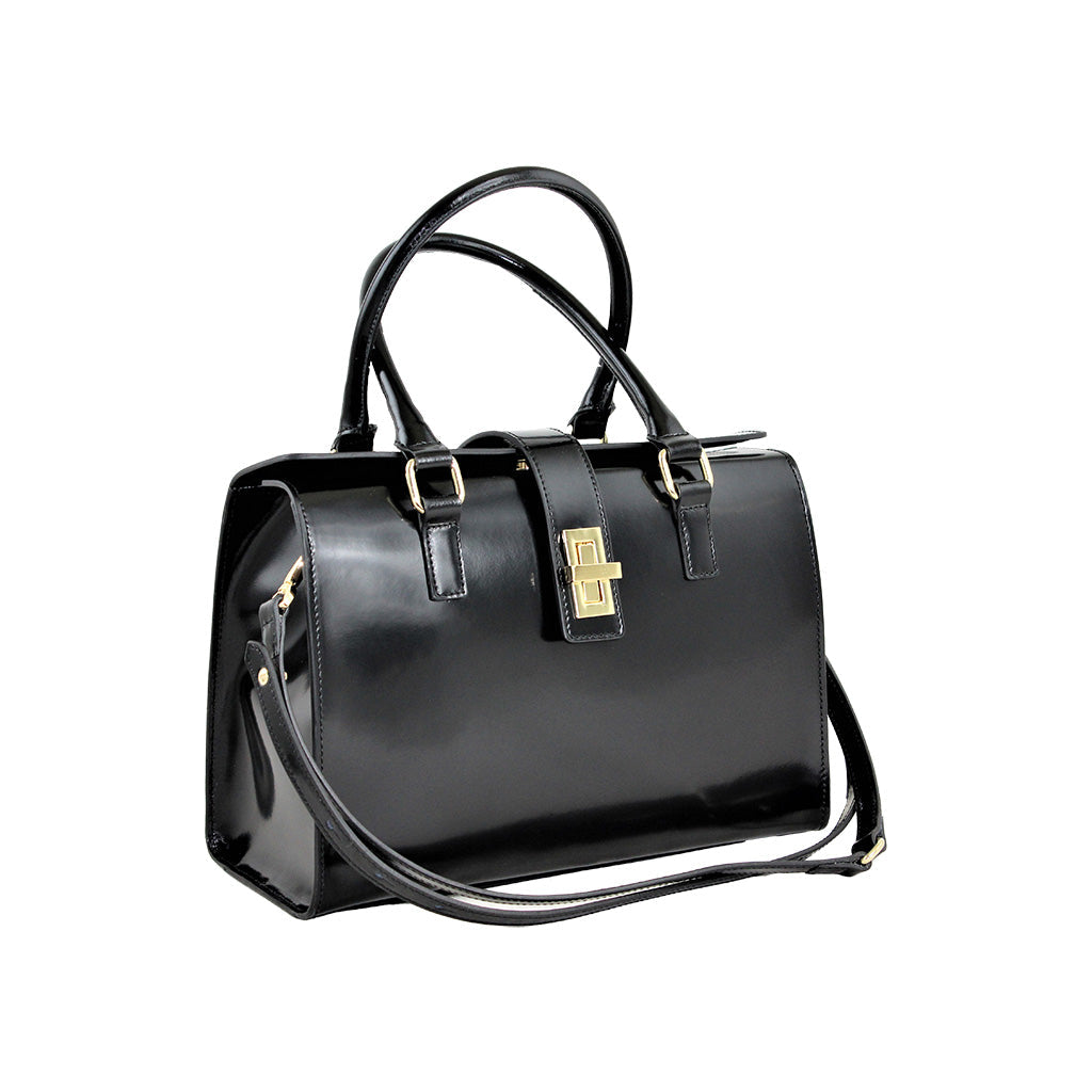 Sleek black leather handbag with gold buckles and adjustable strap