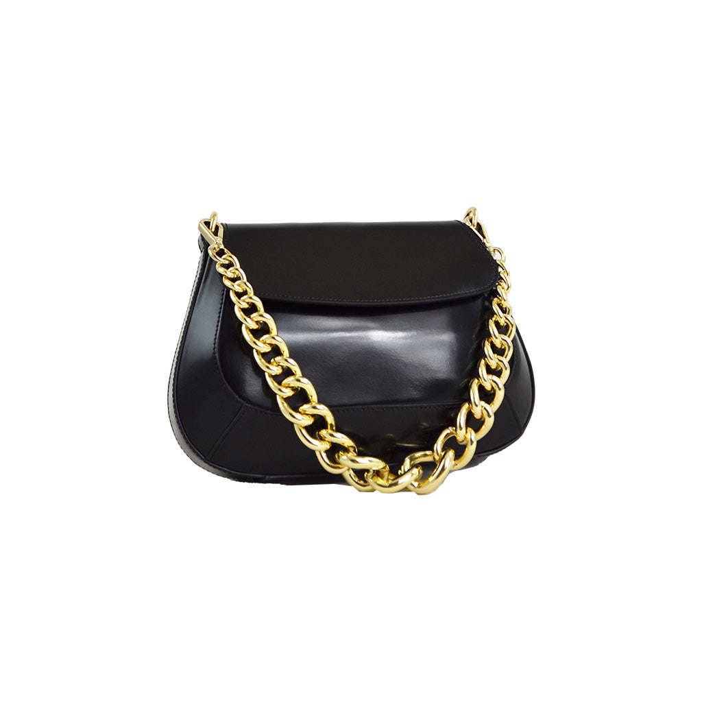 Elegant black leather handbag with gold chain strap