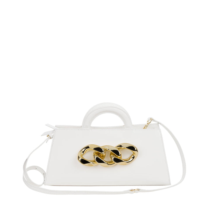 White designer handbag with gold chain accent and shoulder strap