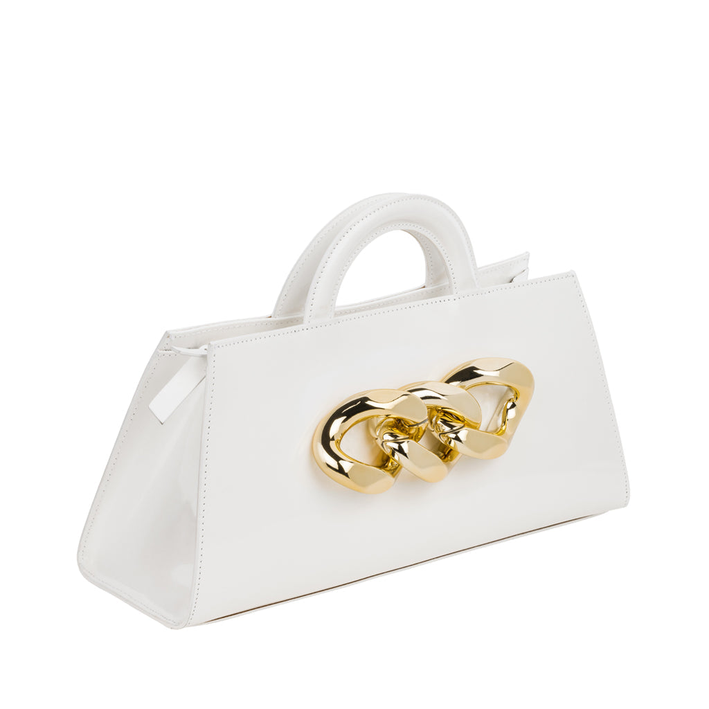White handbag with gold chain detail
