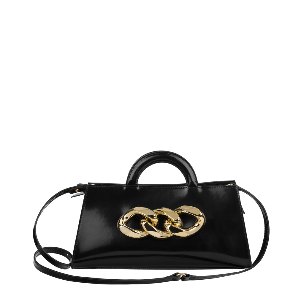 Black leather handbag with gold chain detail and adjustable strap